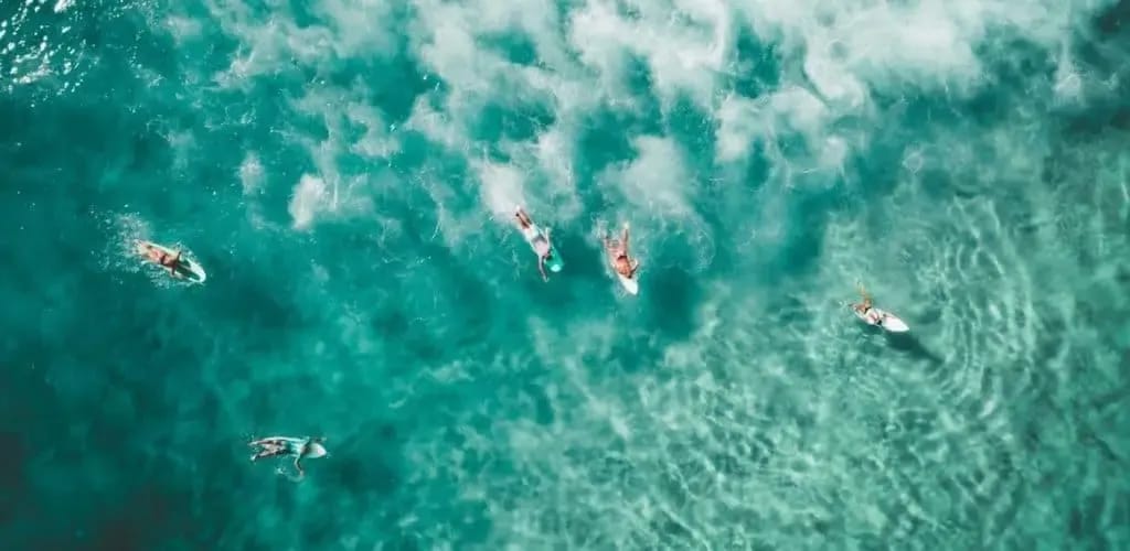 aerial view of surfers in turquoise water