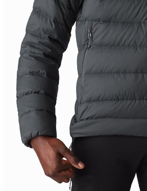 Grey Arc'teryx Thorium AR puff jacket pocket view