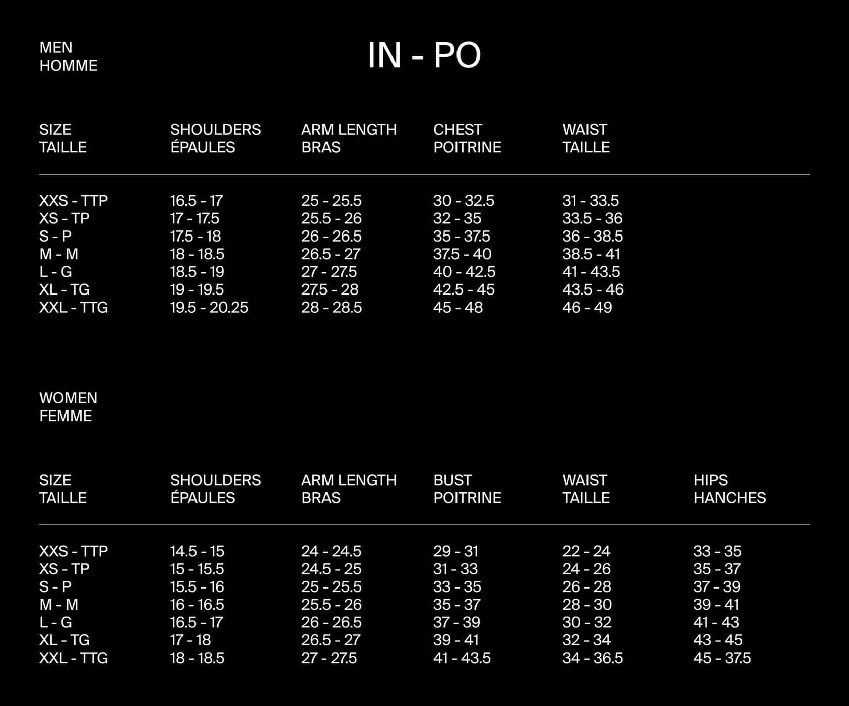 Size Chart Quartz Co. in inches