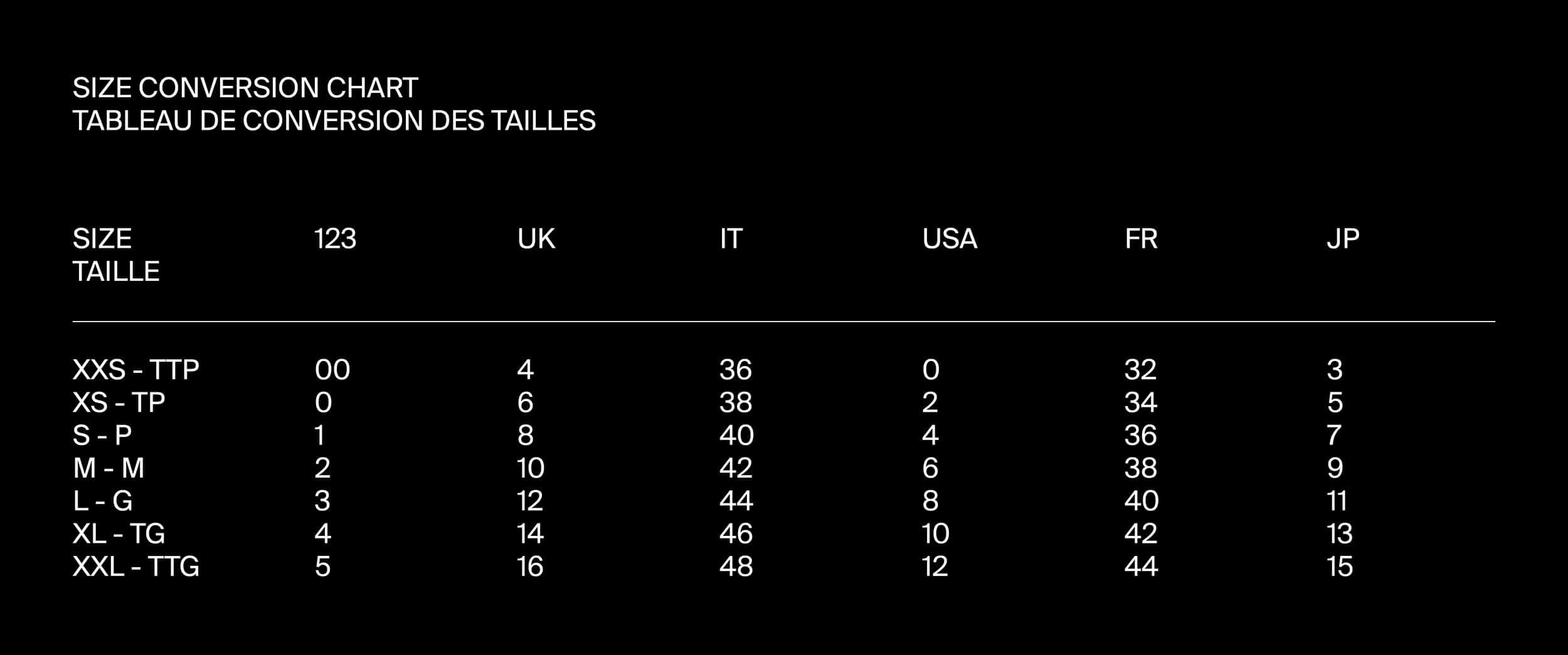 Quartz Co. Size Conversion Chart